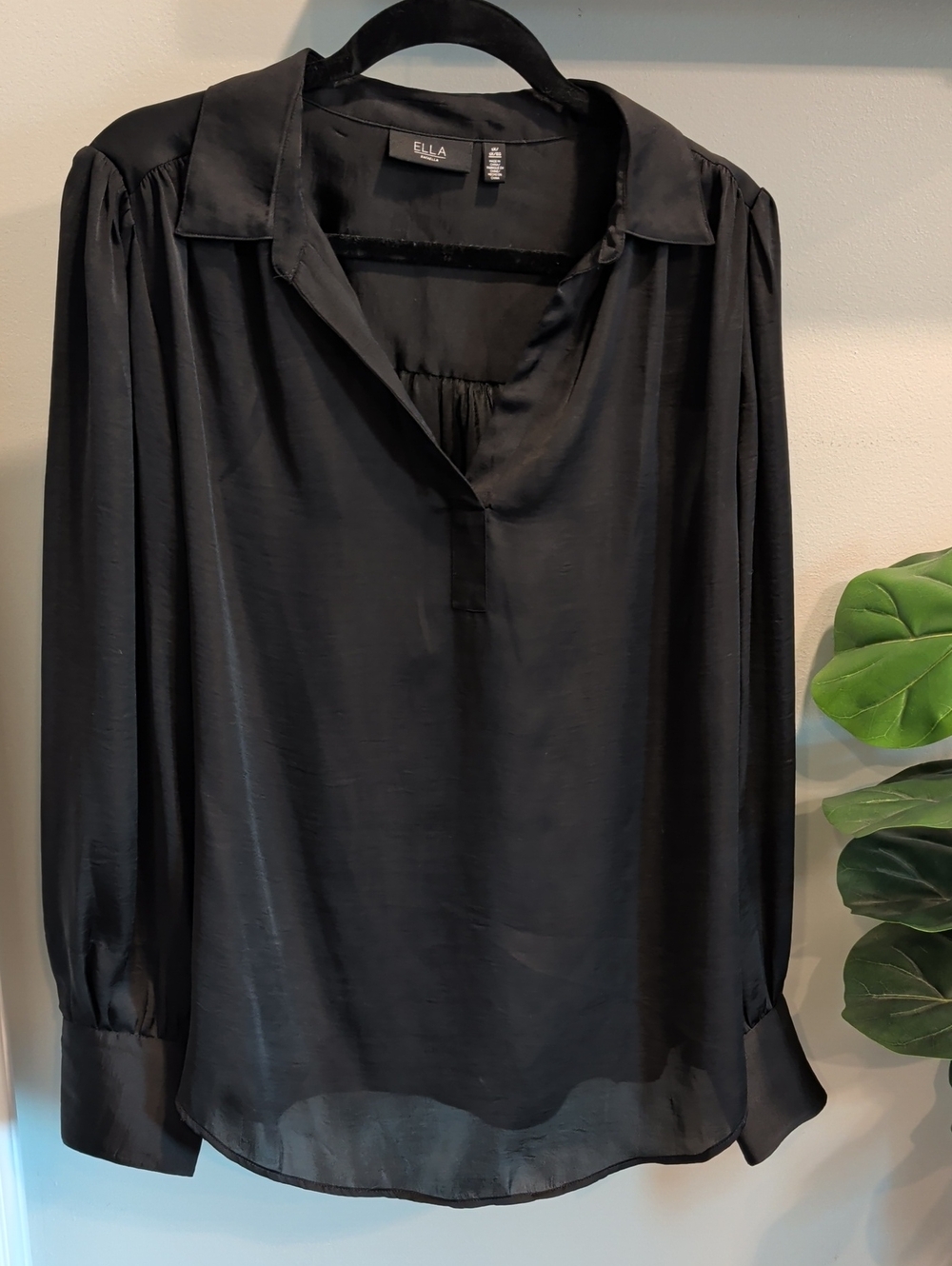 Ella Black Satin V-Neck Long Sleeve Blouse